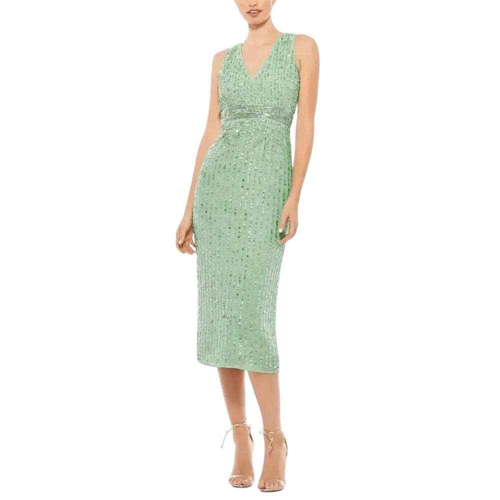 Mac Duggal 70267 Sage Green Cocktail Dress Sleeveless Sequin Midi Sheath Size 14
